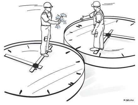 [Bildnachweis: Schichtübergabe Zwei Arbeiter auf Uhren